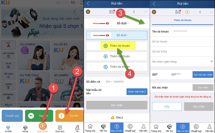 Hướng dẫn quy trình thêm thẻ rút tiền Kubet88